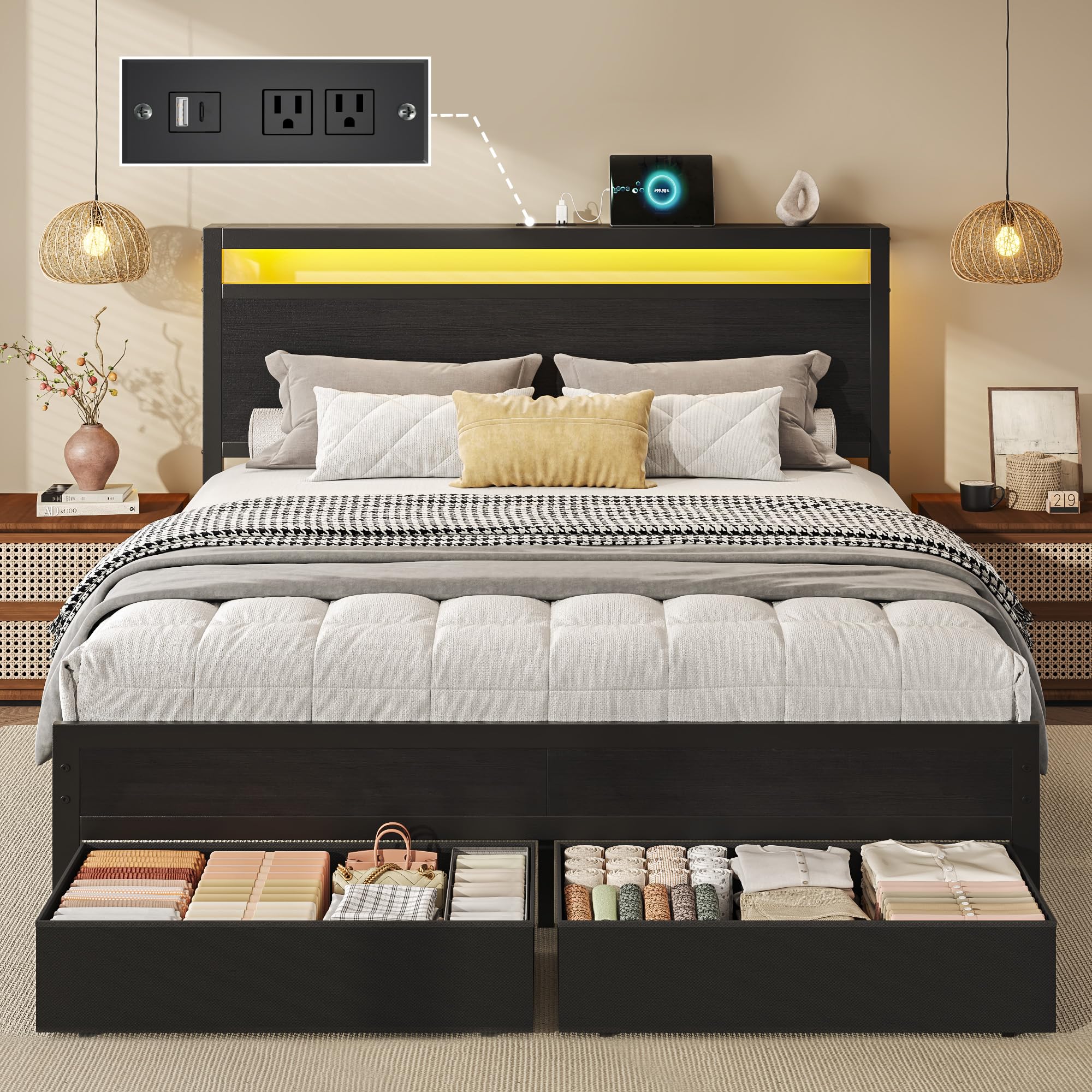 HISOFT Queen Bed Frame with Storage, Wood Headboard with Fast Charging Station, LED Lights, Platform Bed Frame Queen Size, Fabric Drawers with Wheels, No Box Spring Needed, Noise Free, Black