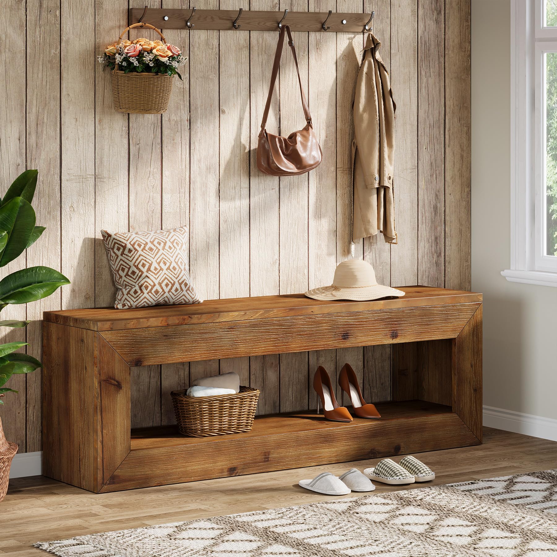 TRIBEWOOD Solid Wood Entryway Bench, 47" Rustic Farmhouse Indoor Bench Seat with Storage Shelf for Entrance, Hallway, End of Bed