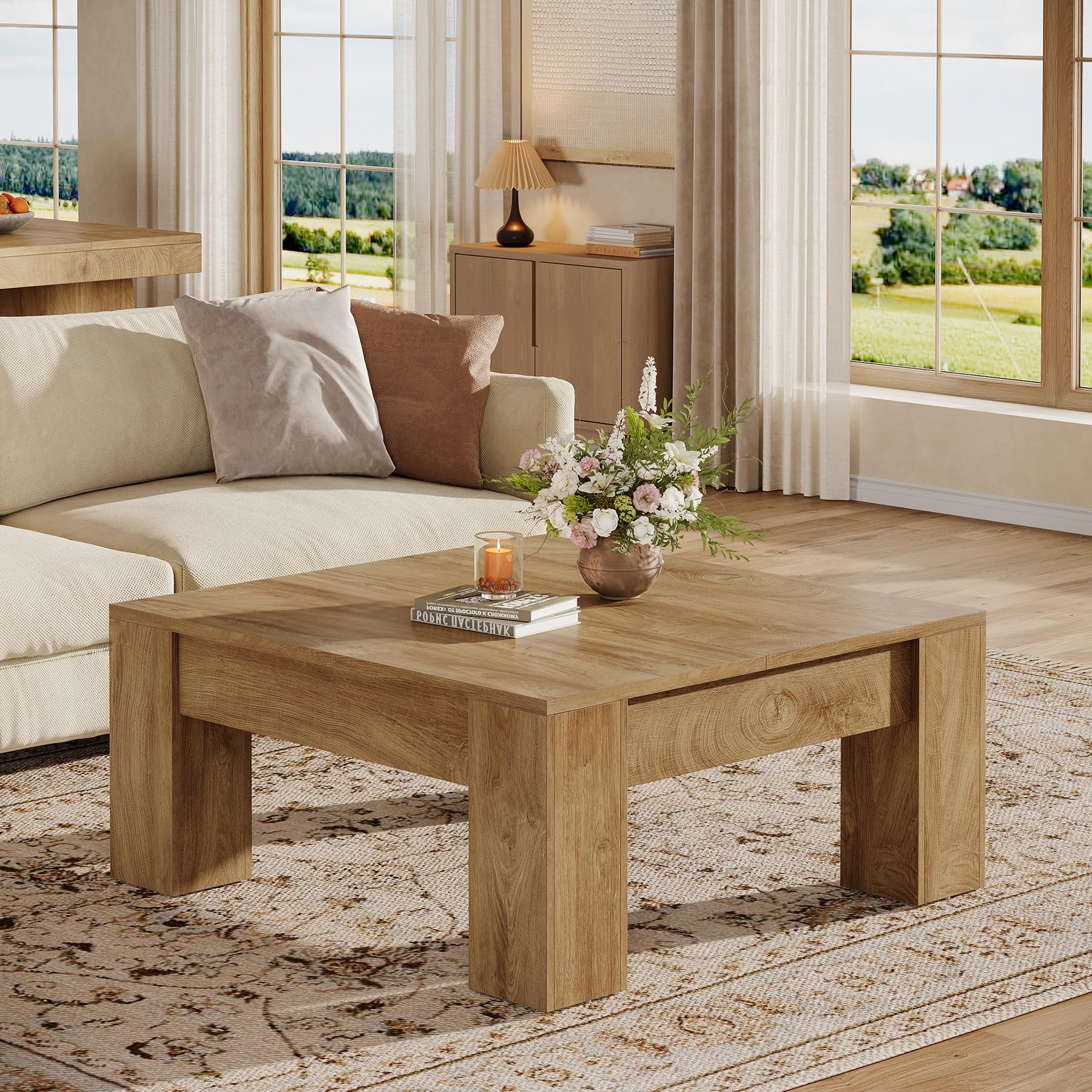 Tribesigns Farmhouse Square Coffee Table, 39-Inch Wooden Coffee Table with Sturdy Legs, Rustic Accent Center Table for Living Room, Easy Assembly, Light Brown