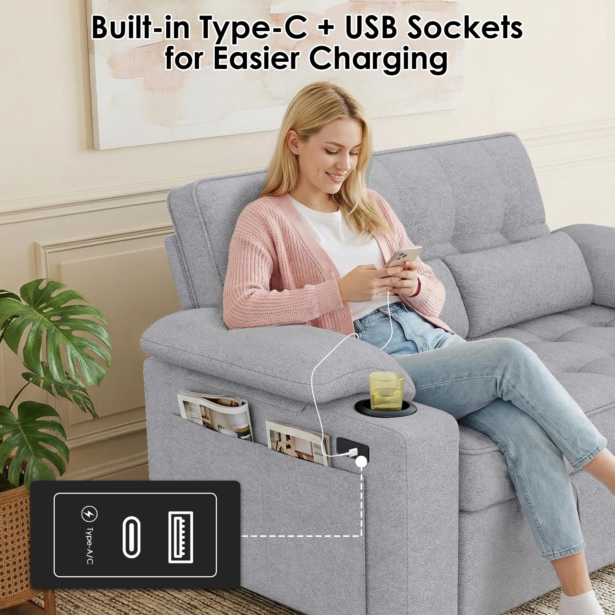 58" Convertible Loveseat Sofa Bed with USB Charger & Cup Holders