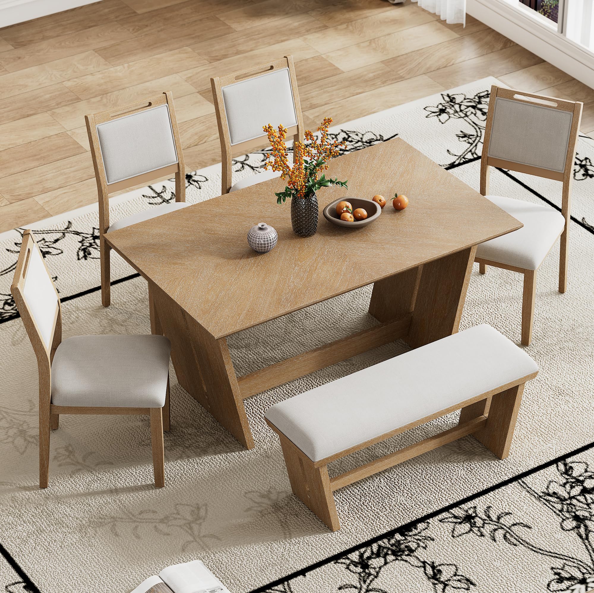 Merax 6-Piece Retro Dining Set, 1 Rectangular Table with Stable Trapezoidal Table Base and 4 Upholstered Chairs and 1 Bench for Dining Room and Kitchen, Natural Wood Wash