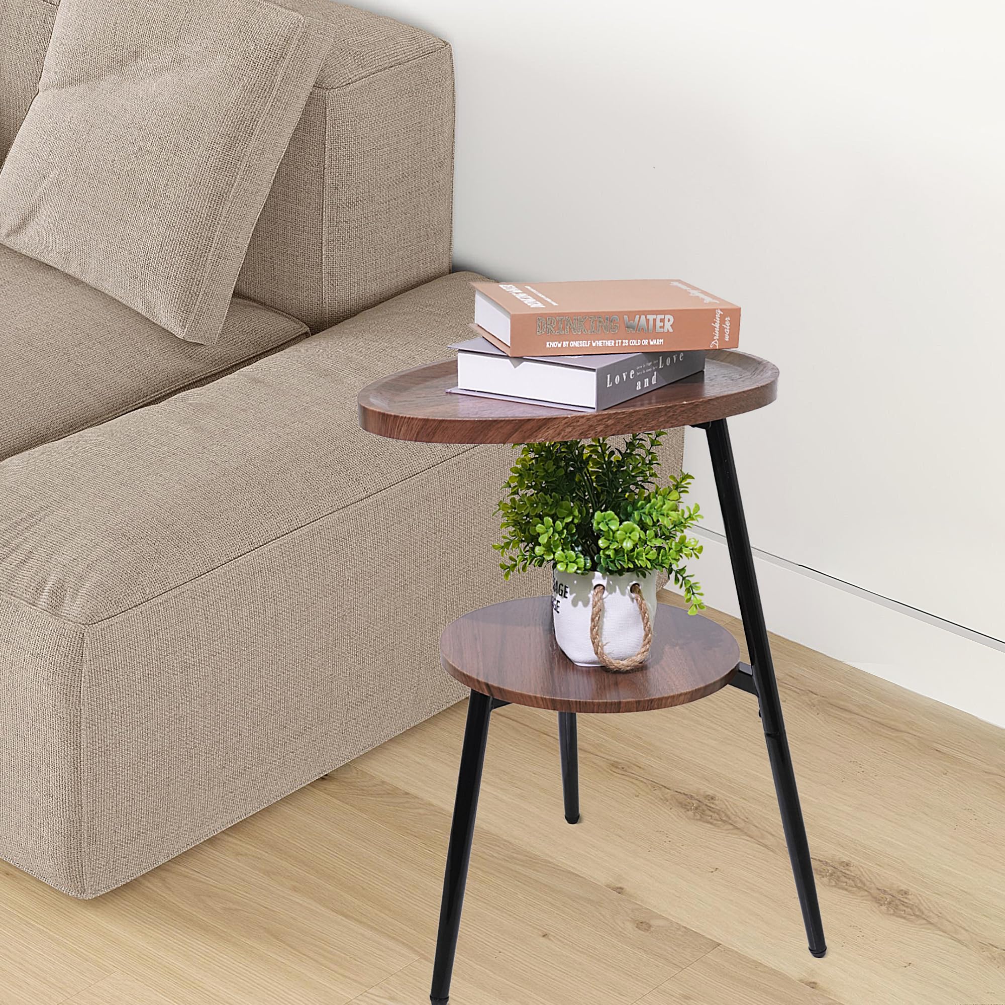 GUPZTY Side Table Small End Table, Oval Round Wood Sofa Table, 2 Tier Accent Table Nightstand Bedside Table with Metal Frame for Living Room, Bedroom, Small Spaces (Rustic Brown)
