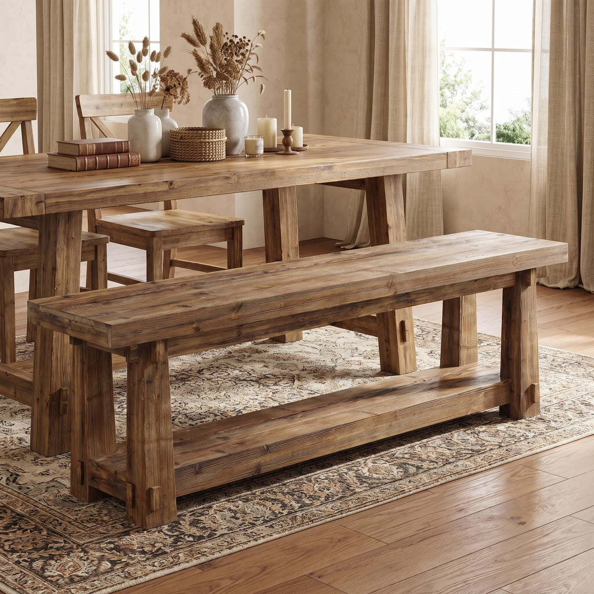 TRIBEWOOD 55" Wood Entryway Bench with Shoe Storage, Rustic Dining Bench
