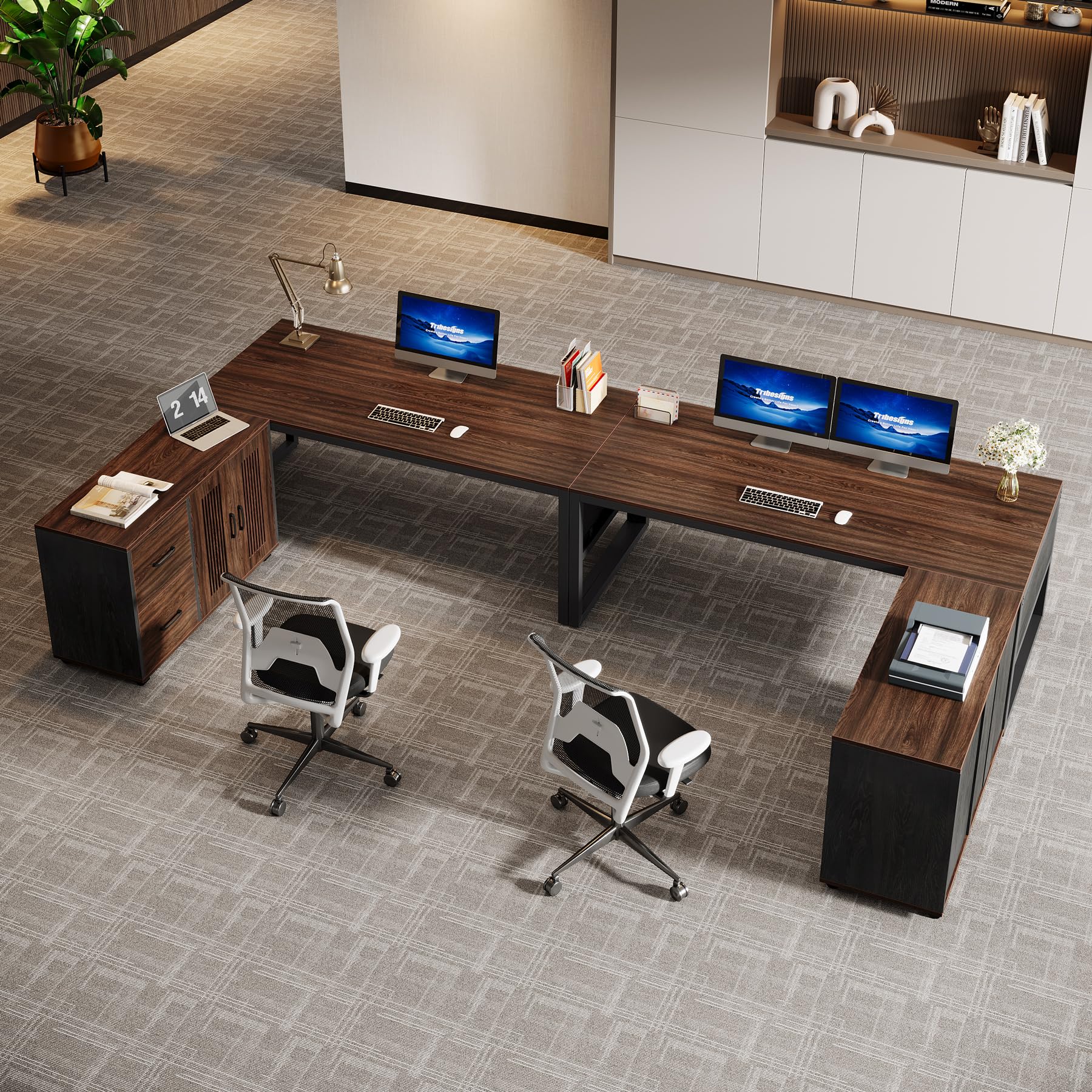 L-Shaped Executive Desk with Mobile File Cabinet