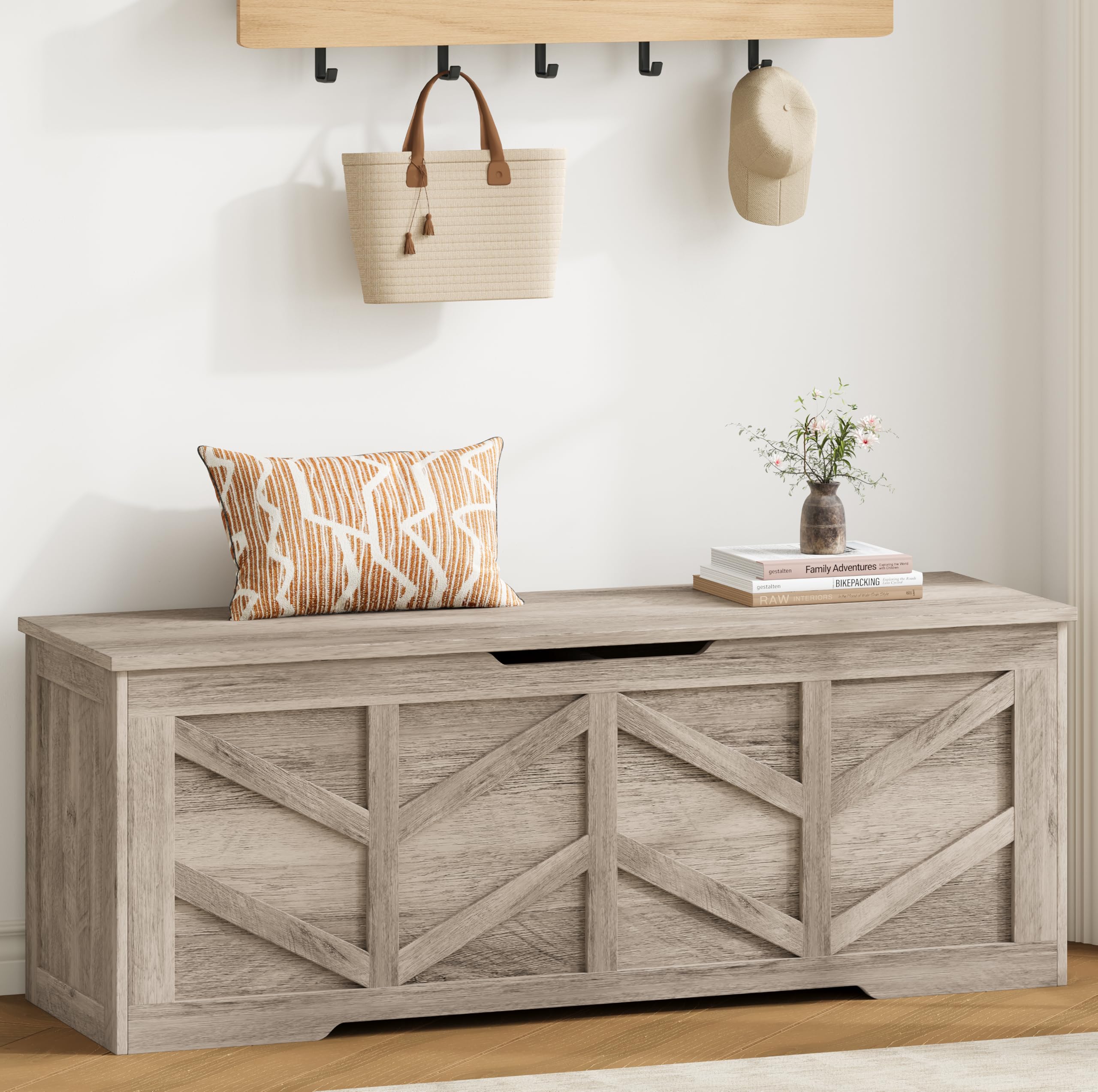 Zeibospri 51.2" Storage Chest, Extra Large Storage Bench with 2 Safety Hinges, Storage Trunk Supports 330 lb, Wooden Blanket Storage for Bedroom, livingroom, entryway, Greige