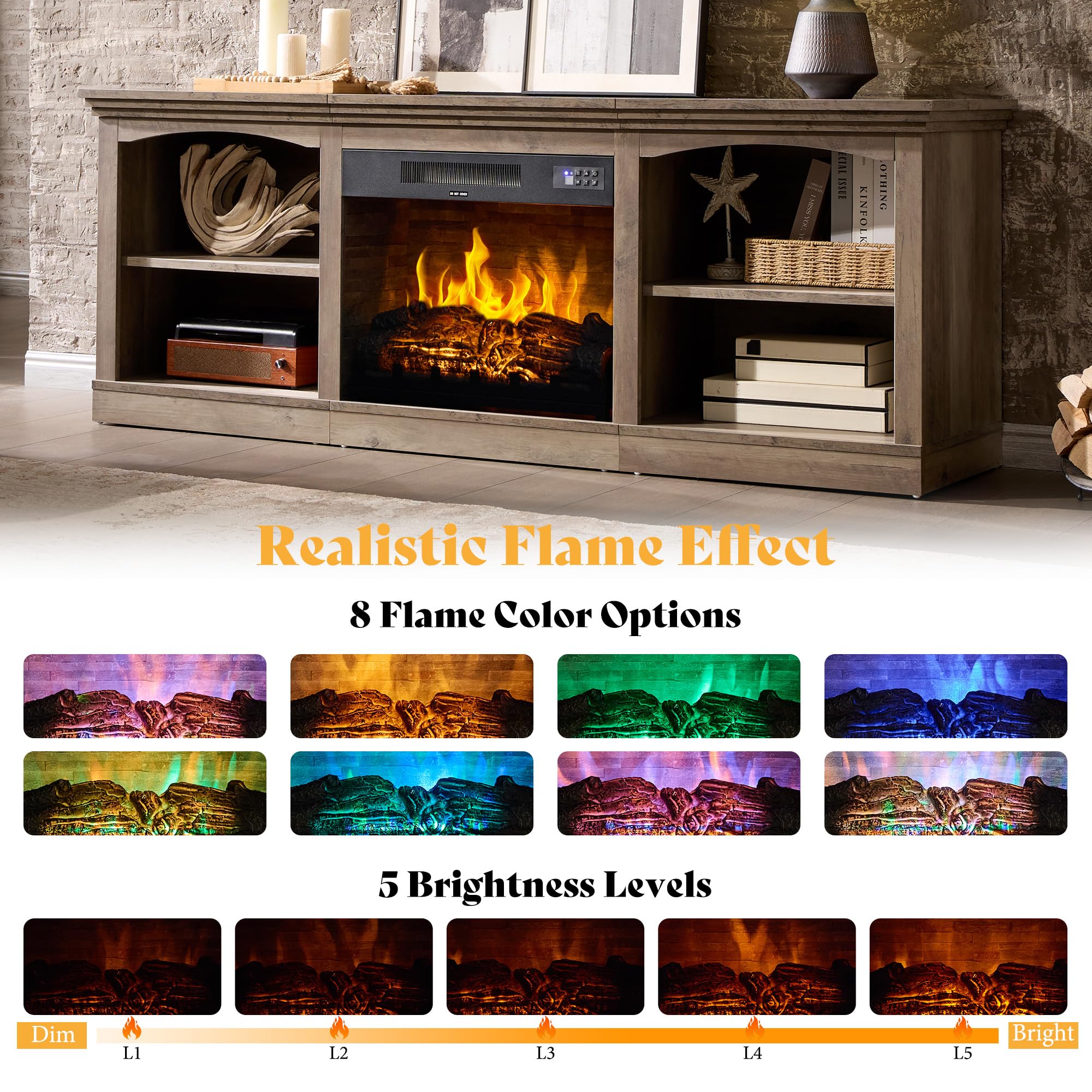 70" Fireplace TV Stand with Electric Fireplace & Storage