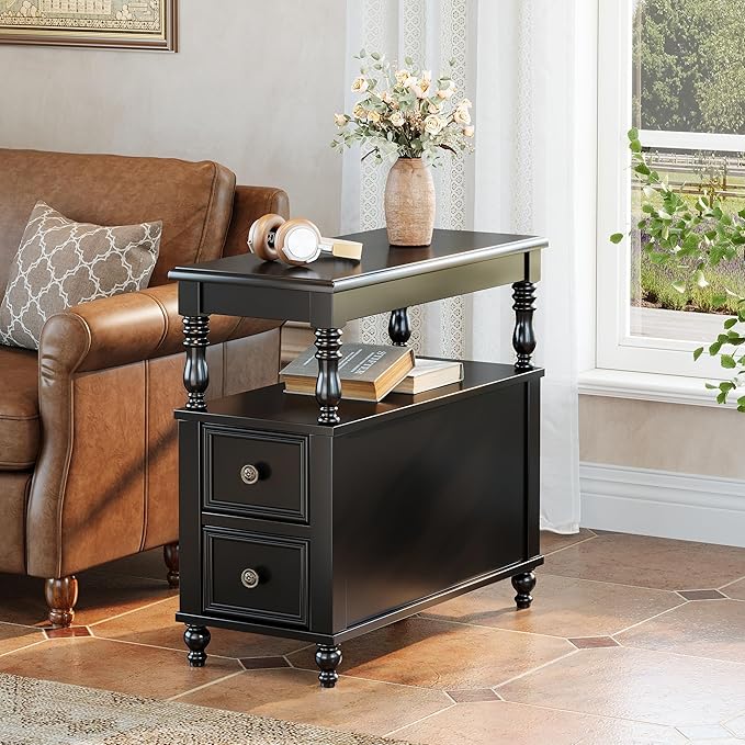 Mid-Century Wood End Table with 2 Drawers & Storage Shelf