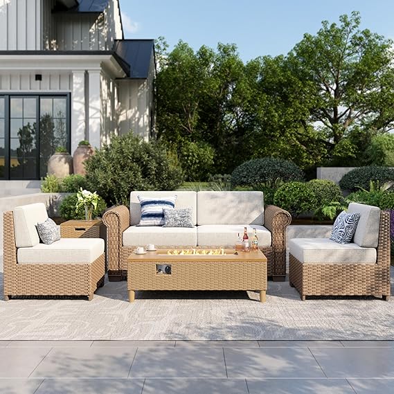 Modular Sectional Outdoor Sofa Set with Fire Pit Table & Waterproof Cushions