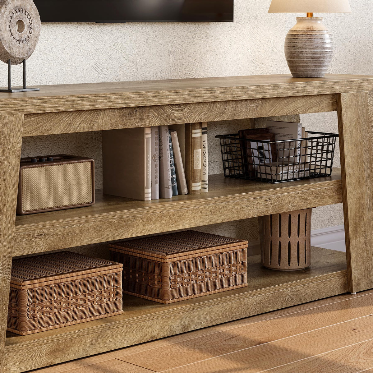 LITTLE TREE TV Stand with Storage for 65 Inch TV, Entertainment Center with Shelves, Modern Ladder Media Display Console for Living Room, Apartment, Brown