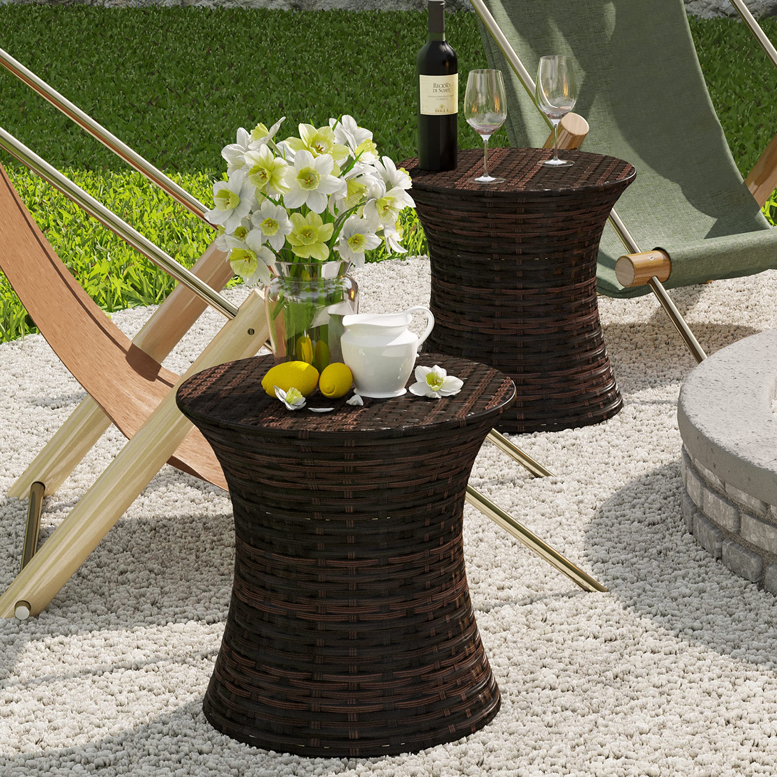 Wicker Patio Side Table – Hourglass PE Rattan, Steel Frame, 20"