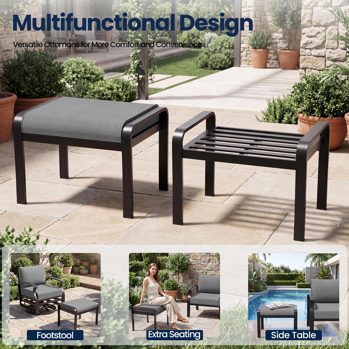 ASJMR 2 Pieces Patio Ottomans, Aluminum Outdoor Ottoman with Removable Cushion, Oversized Outdoor Footstools, Additional Seating, Side Table, Multipurpose Outdoor Footrests for Balcony, Garden, Grey