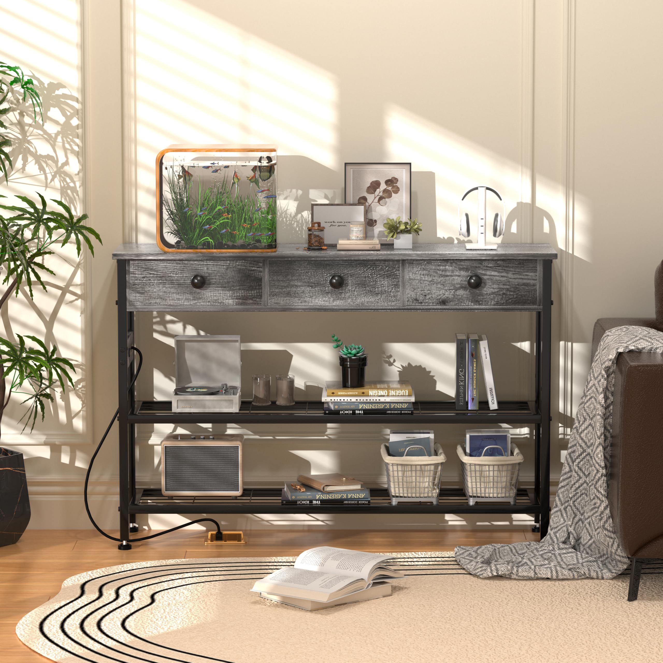 47" Narrow Console/Entryway Table with Storage & 3 Drawers & Outlets, for Sofa & Living Room, Hallway/Foyer/Couch/TV/ Aquarium Stand Table for Entryway with USB Ports, LED Light Strip,Perfect for Home