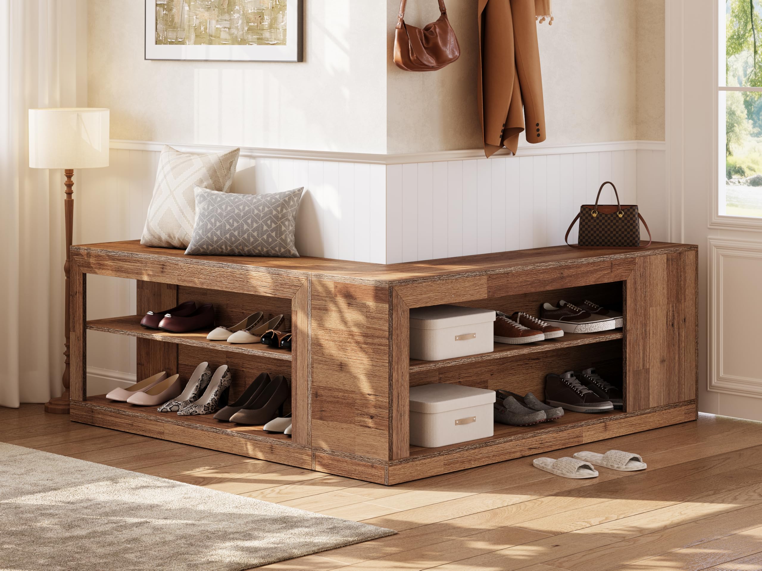 L-Shaped Corner Shoe Bench with Open Storage Shelves
