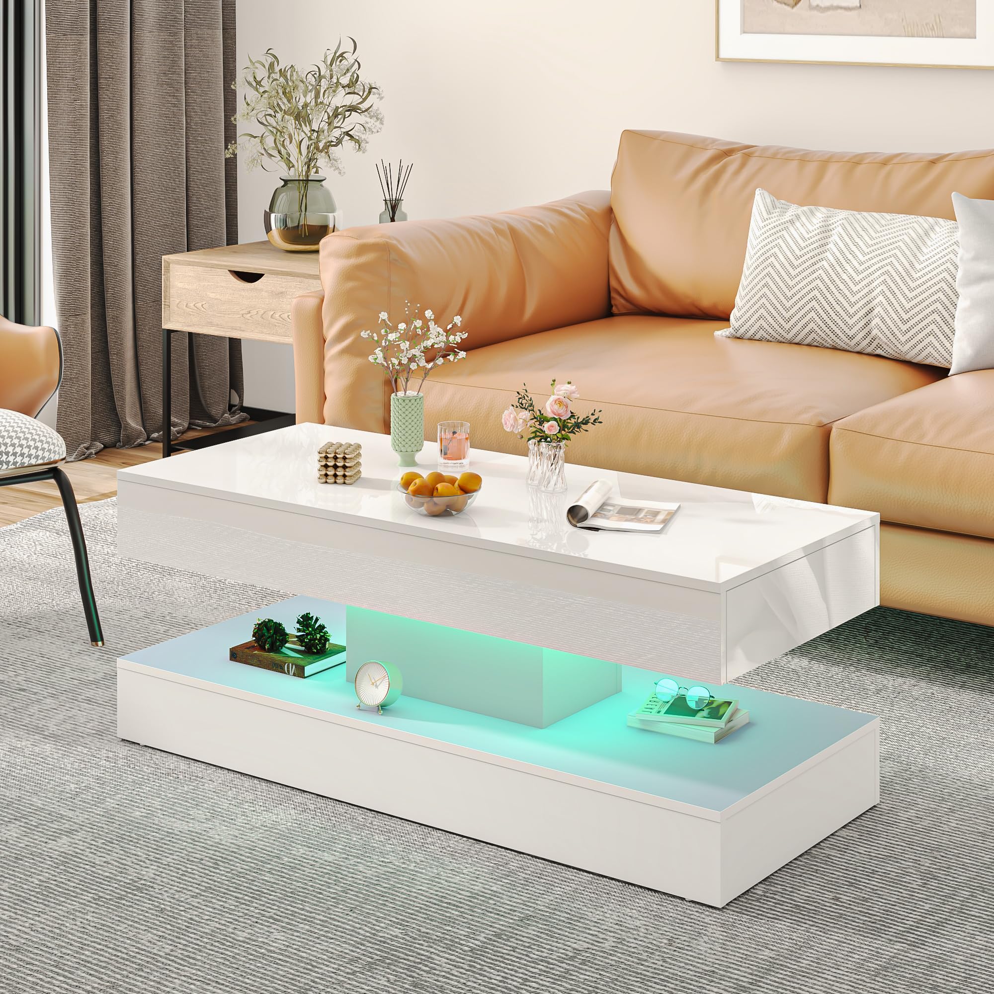 47.2" Modern High Glossy LED Coffee Table with 2 Sliding Storage Drawers, White Living Room Tables for Living Rooms,Dining Room,Bedroom Home Office,APP LED Lights(White)