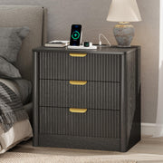 PLRSOZIM 23.6" Black Fluted Nightstand with Charging Station and 3 Drawers
