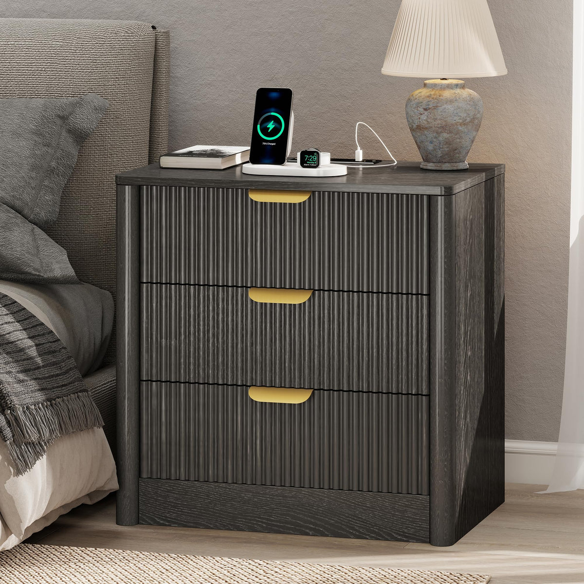 PLRSOZIM 23.6" Black Fluted Nightstand with Charging Station and 3 Drawers