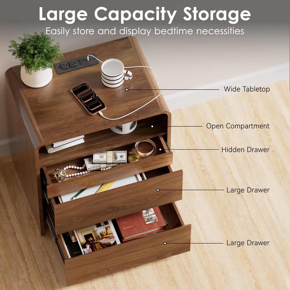 23.8" Modern Nightstand with Hidden Drawers Walnut Night Stand