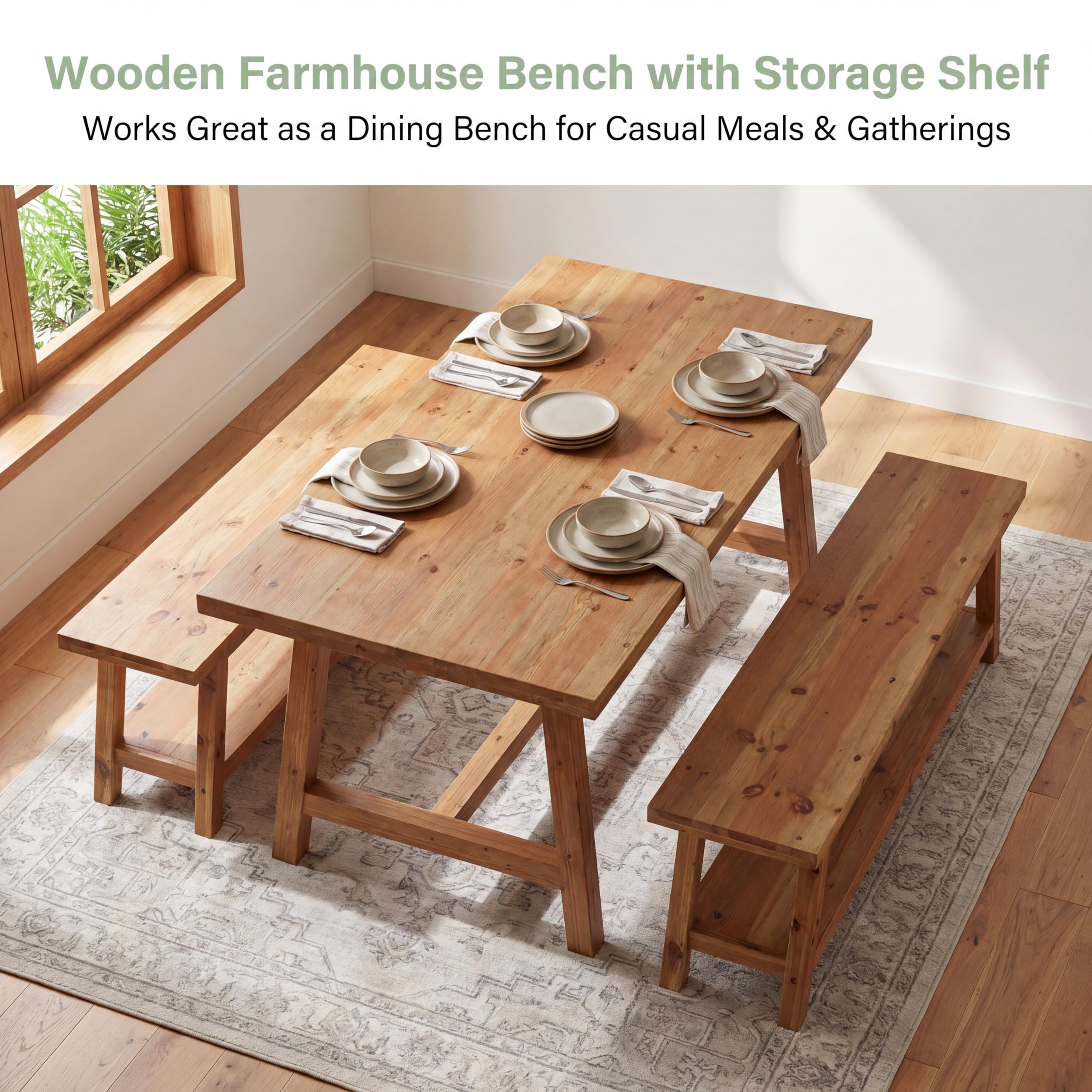 Tribesigns Farmhouse Solid Wood Dining Bench, 63-Inch Rustic Indoor Bench with Lower Storage Shelf for Dining Room, Kitchen, Living Room, Entryway, Natural Wood Finish (1)
