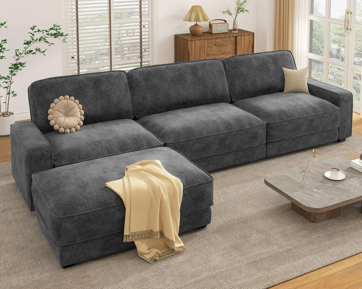 Vipbear 120" Oversized Modular Sectional Sofa, L Shaped Couch Set with 2 Pillows, 4 Seat Comfy Cloud Couches with Movable Ottoman for Living Room, Bedroom and Apartment, Chenille Dark Grey