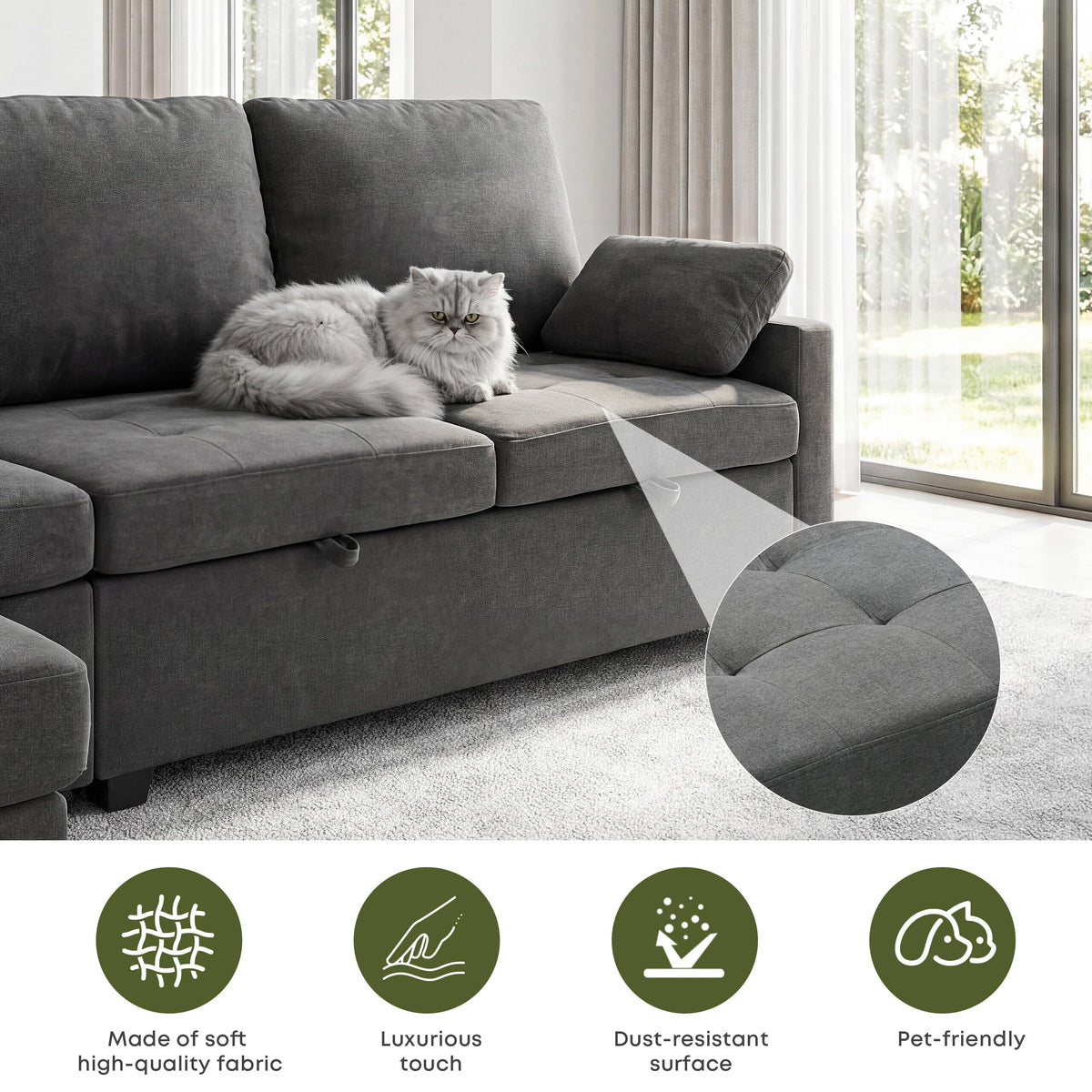 Huatean Home 82" Pull Out Couch with Storage, Sleeper Sofa, 5 Seat L Shaped Sectional Couches for Living Room, Modular Sectional Couch with Removable Covers, Dark Grey
