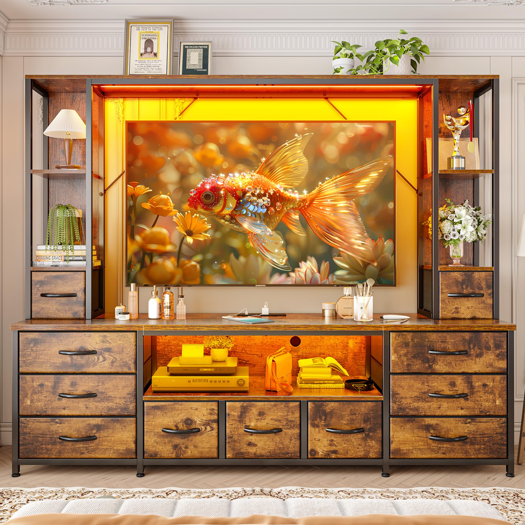 EnHomee 78.6" TV Stand for Living Room, Large Entertainment Center with 11 Fabric Drawers, 2 LED Lights & Power Outlets, Modern Dresser with Storage Shelves, Wall Unit for Bedroom, Brown