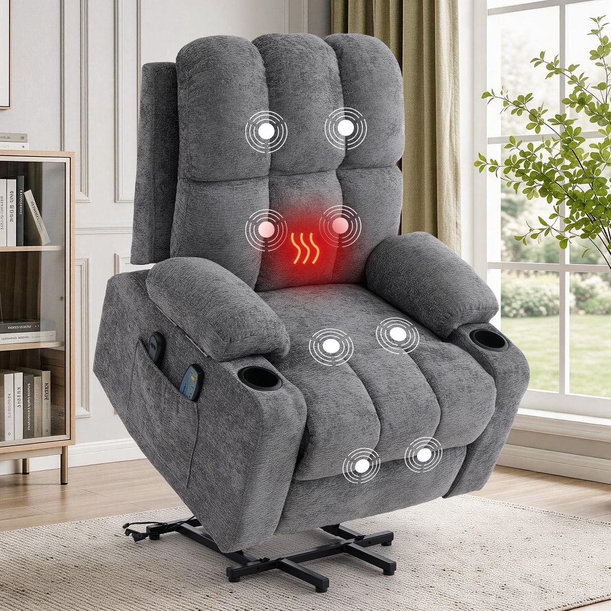 Korser Power Lift Recliner Chair with Massage and Heat for Elderly, Electric Lift Chair with Armrest Storages and Cup Holders, Reclining Sofa Chair for Living Room, Bedroom (Chenille, Gray)