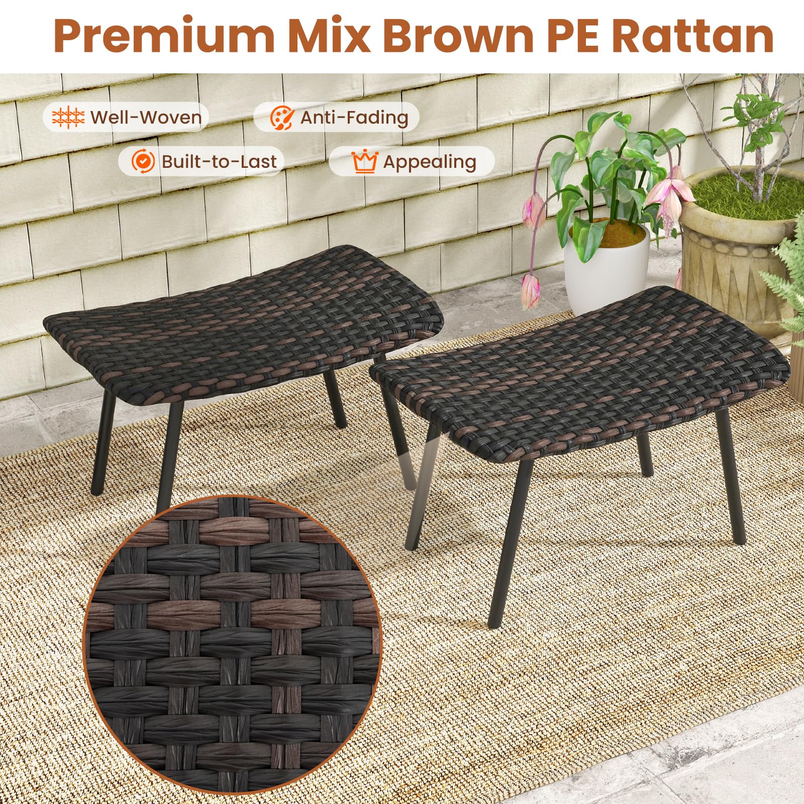 Outdoor Rattan Ottoman Set of 2
