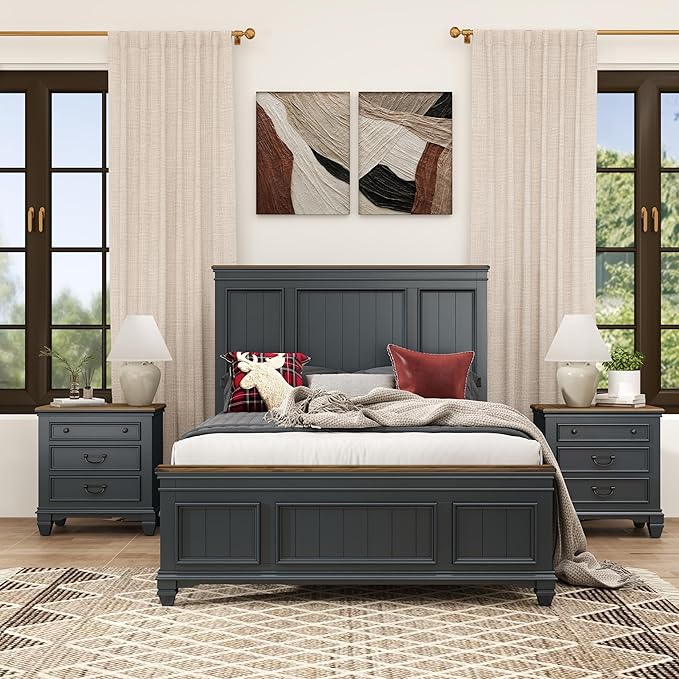 Rustic Wood 3-Piece Bedroom Set with Panel Bed & 2 Nightstands
