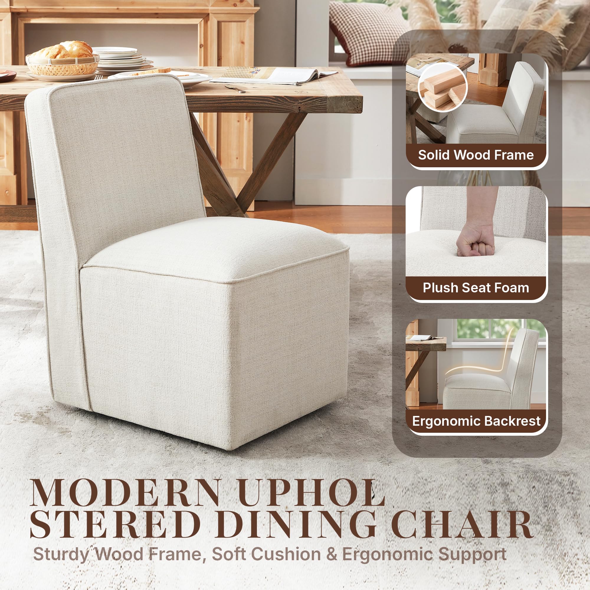 JOFFVIG Upholstered Dining Chair with Casters Set of 4, Armless Modern Rolling Chenille Dining Chairs with Wheels for Dining Room Bedroom Reading Room Living Room