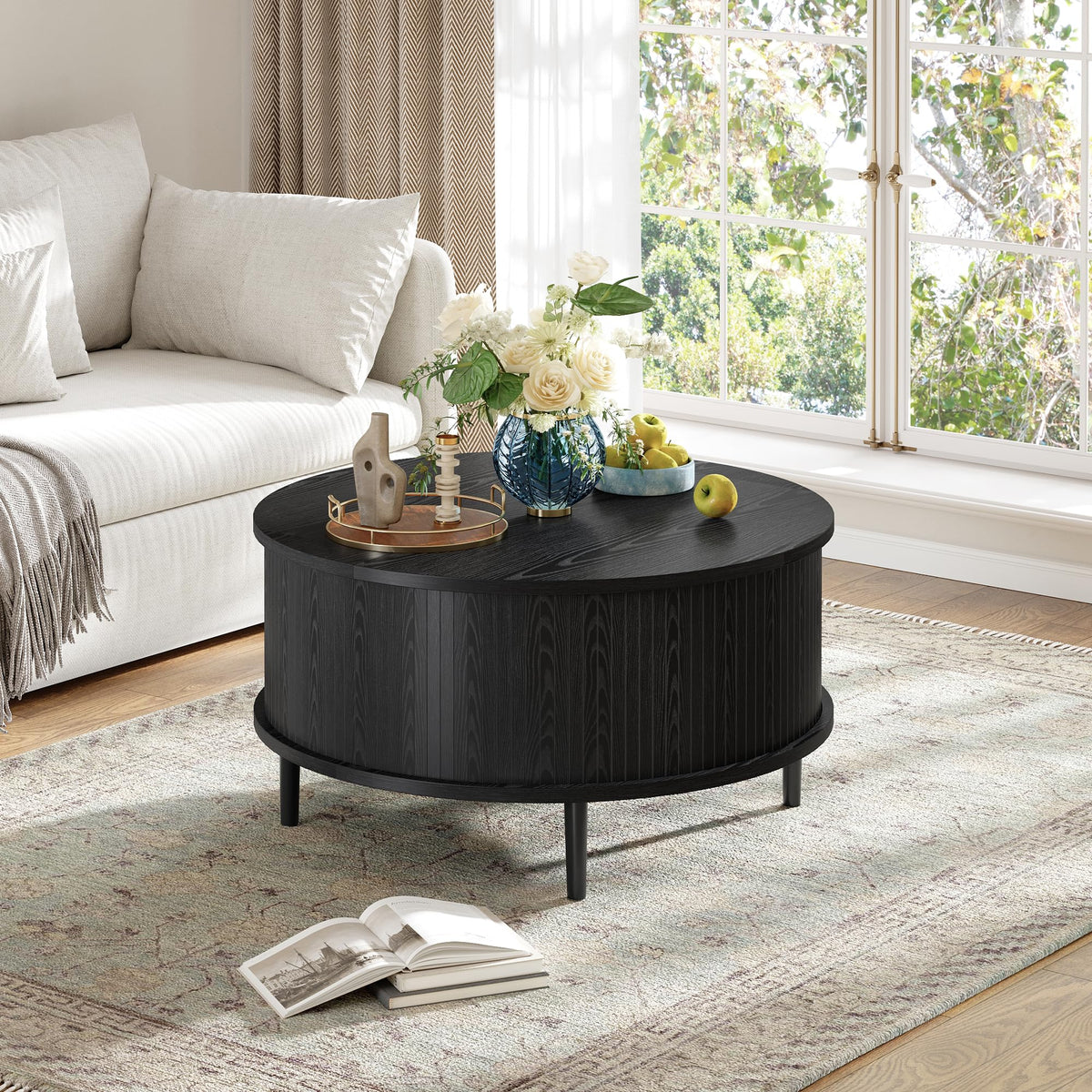 Garvee Round Coffee Table with Storage, 31.5" Lift Top Center Table, Black