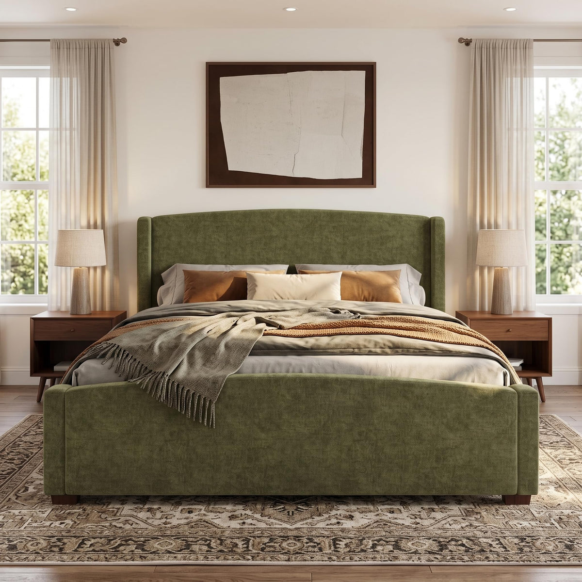 Merax Modern Upholstered Bed Frame with Wingback Headboard, Olive Green