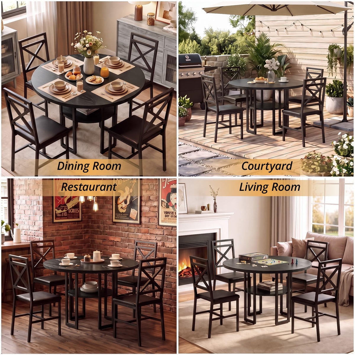 IRONCK Dining Table Set for 4, 47.2 inch Round Kitchen Table and 4 Chairs
