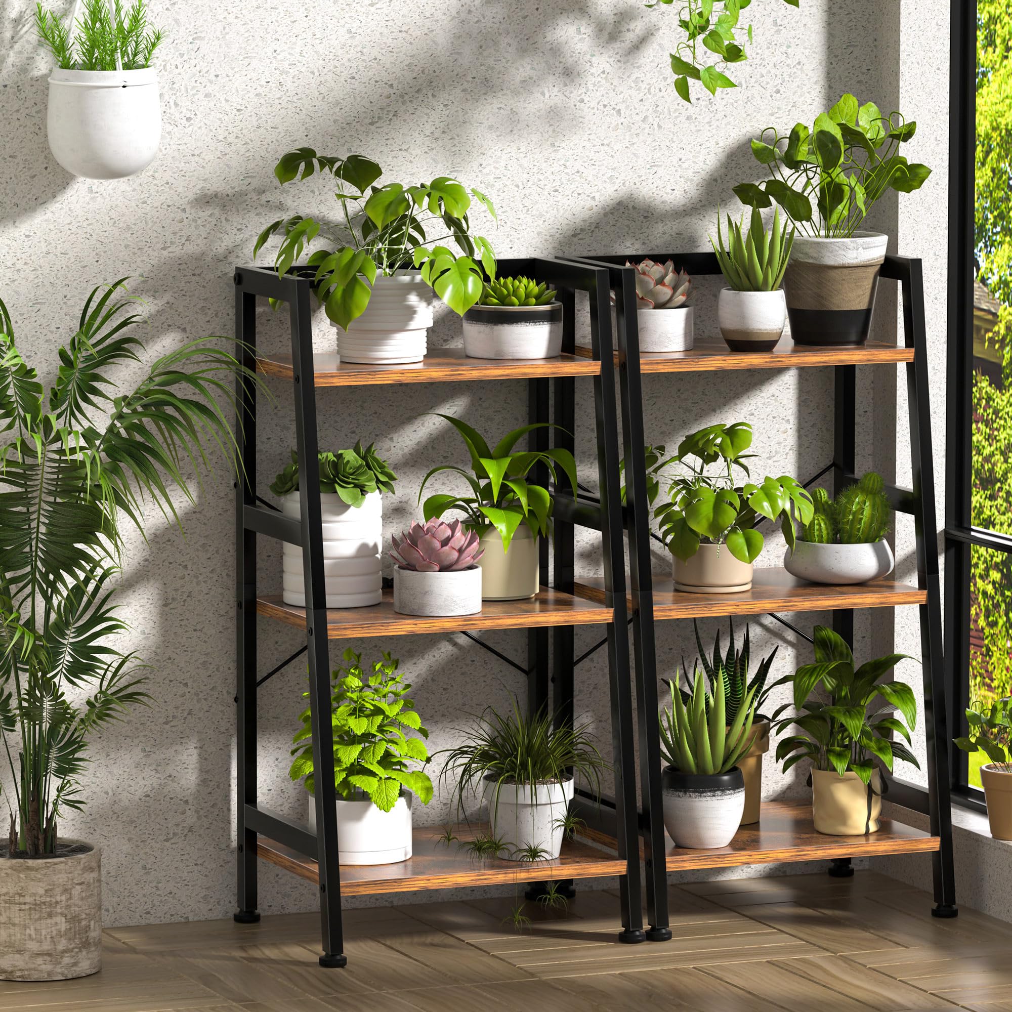 3-Tier Bookshelf, Ladder Shelf, Industrial Bookcase with Steel Frame, Metal Small Bookcase, stand up shelves for Living Room, Home Office, Kitchen, Bedroom, Industrial Style（Rustic Brown & Black）