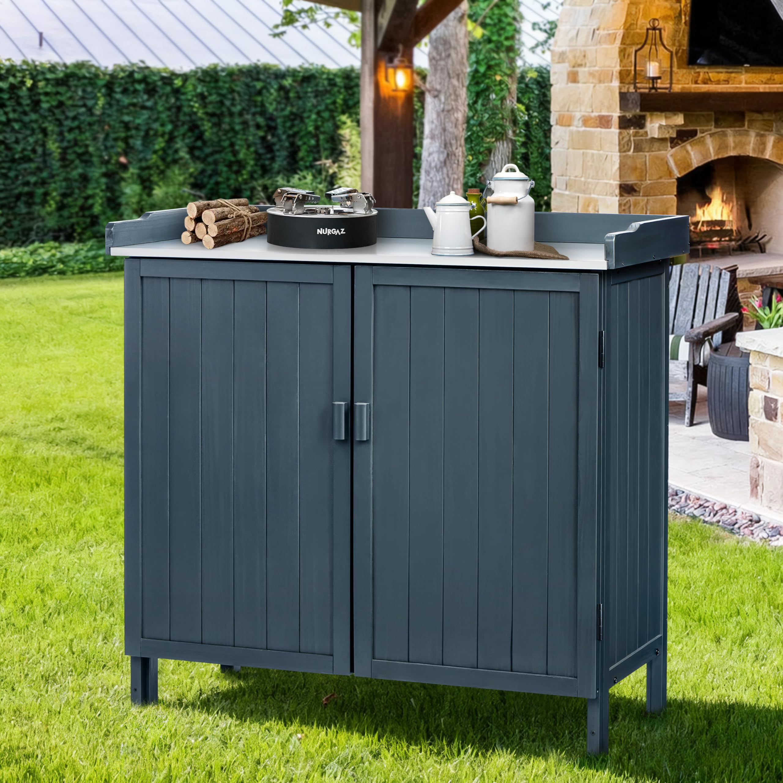 Outdoor Storage Cabinet with Potting Bench & Metal Tabletop