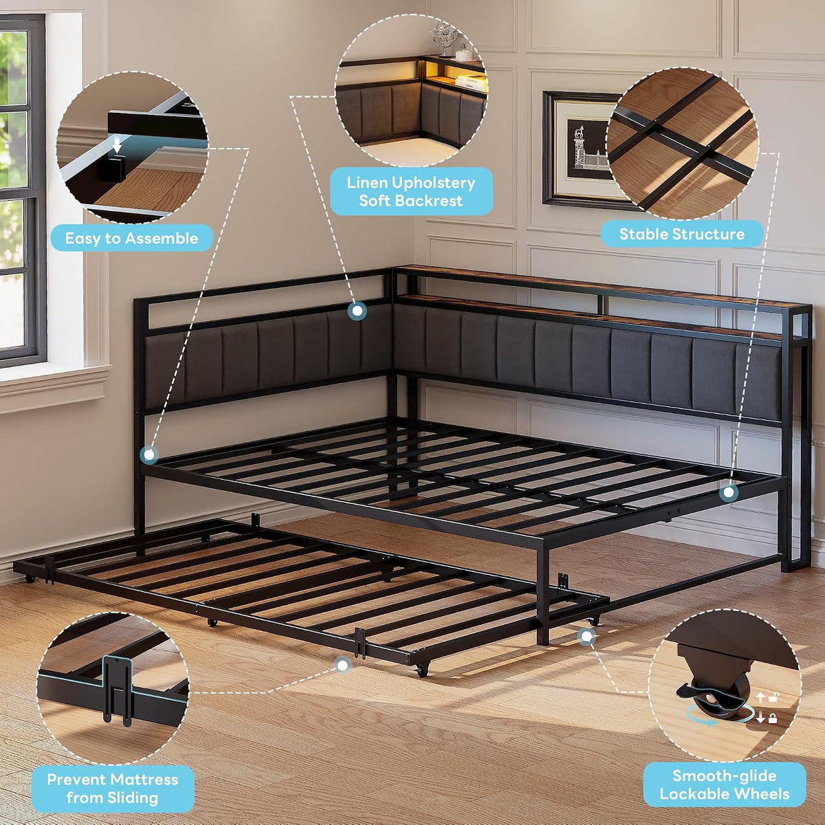 Upholstered Daybed with Trundle & LED Lights
