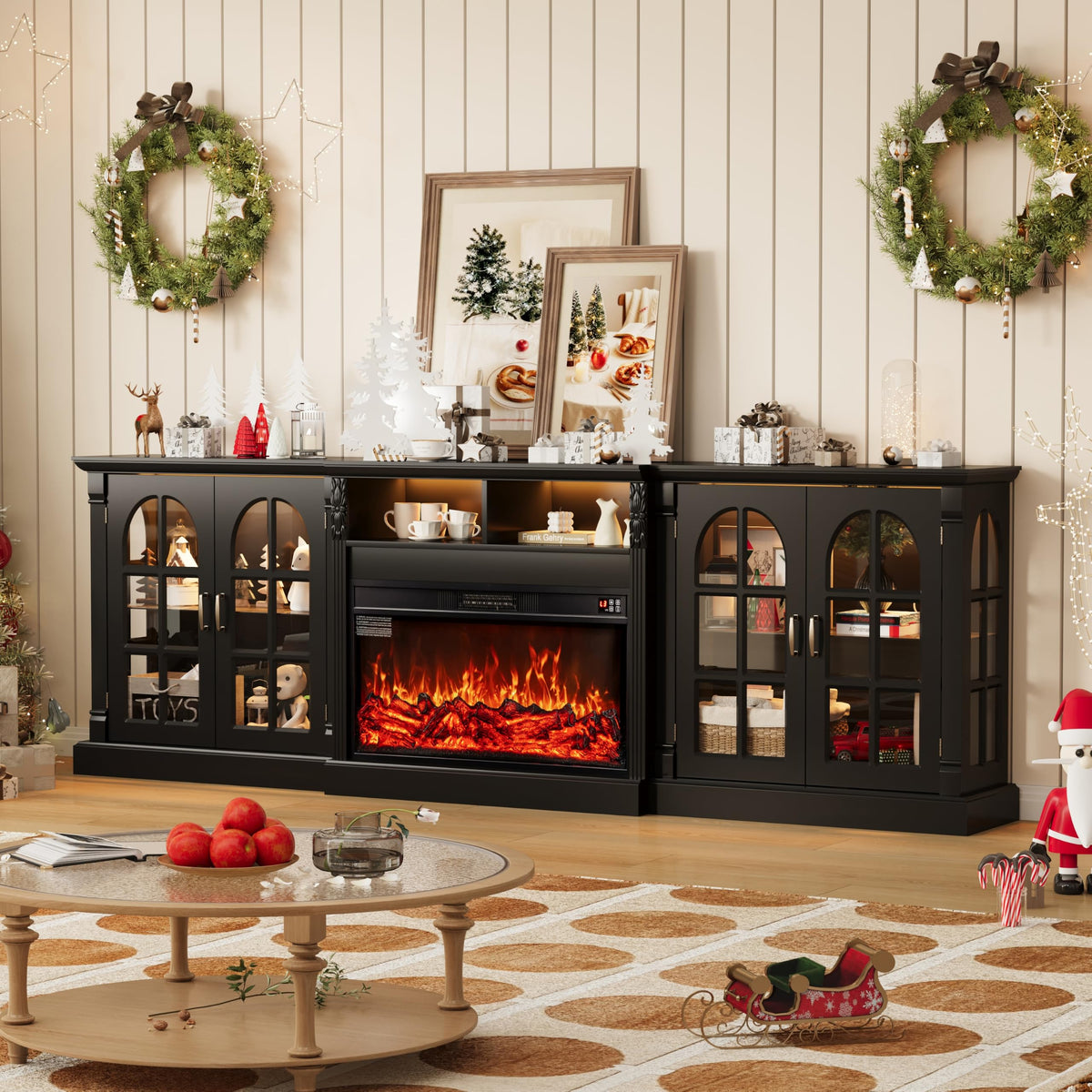 BOSHIRO 97" Fireplace TV Stand with Glass Door Side Cabinets, Black