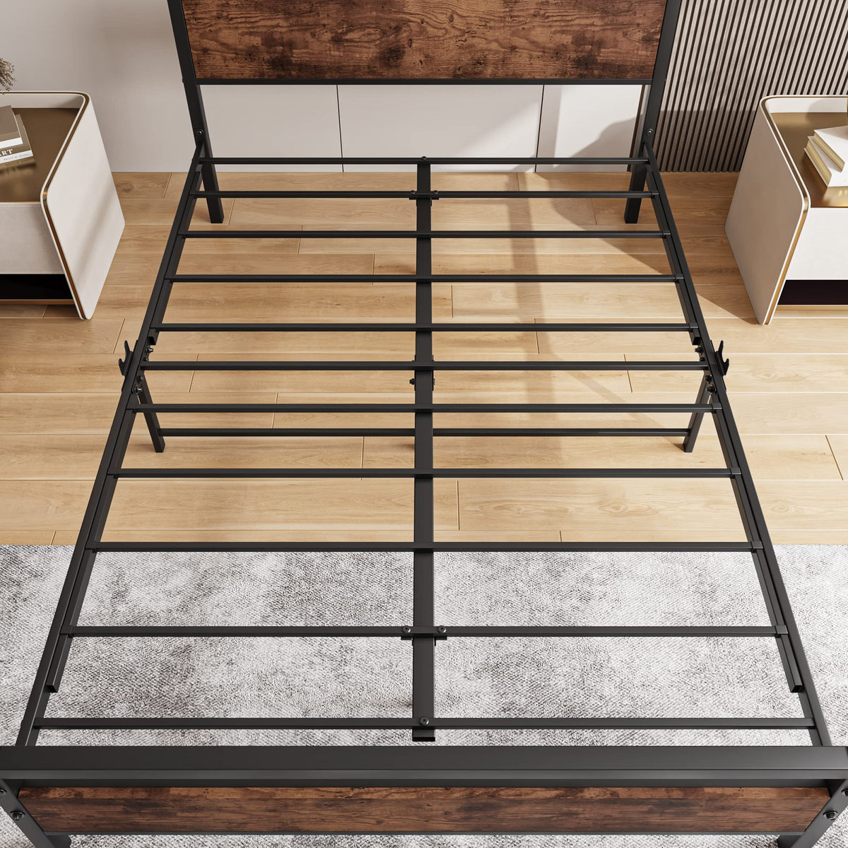 HOJINLINERO Full Size Bed Frame with Headboard,Wood Bed Frame Rustic Brown