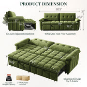 Jocisland 93” 4-in-1 Convertible Sofa Bed, Full Size Cloud Sleeper Sofa, Tufted Chenille, 5-Position Adjustable Backrest, 10-Minute Tool-Free Assembly, Couches for Living Room Guest Room, Green