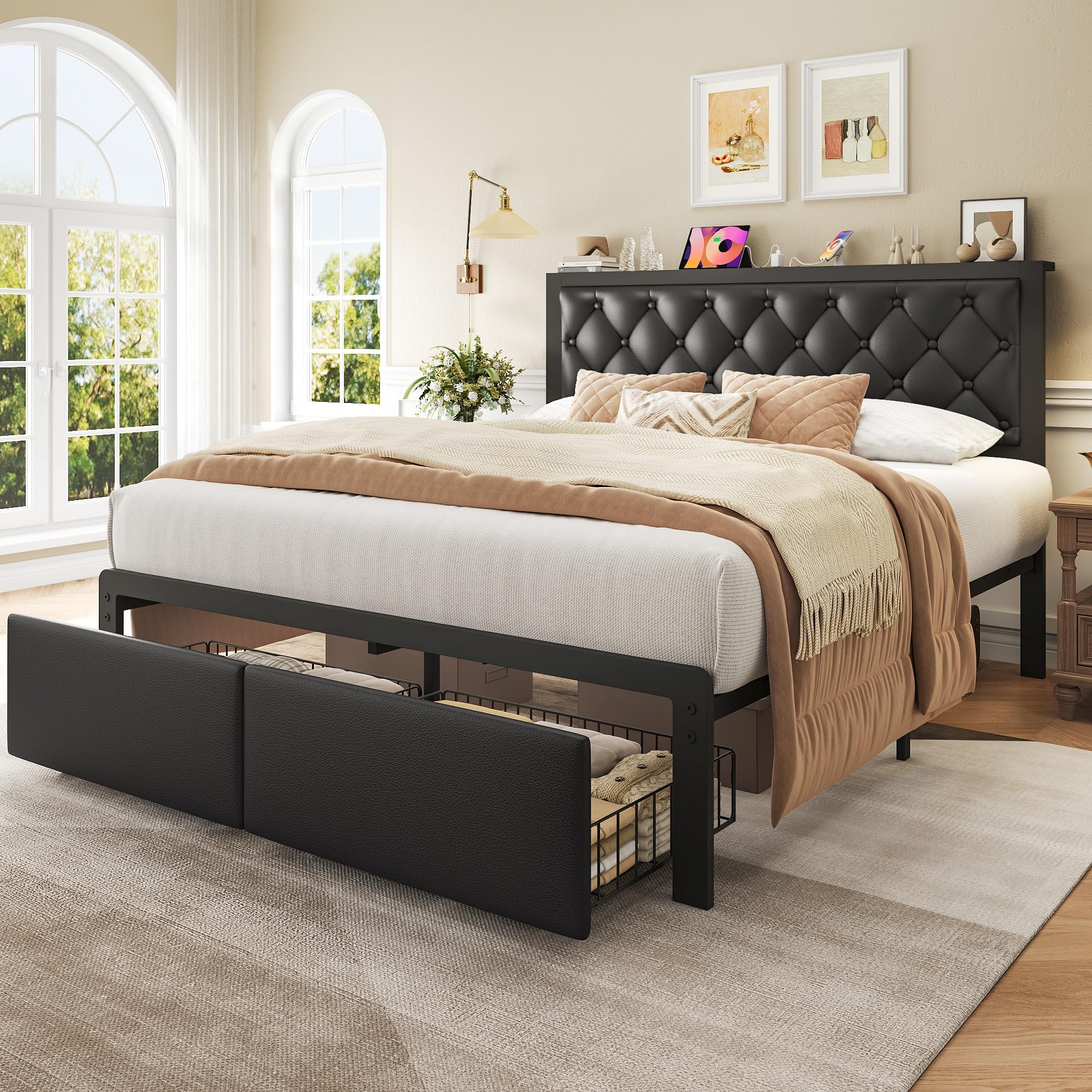 Queen Bed Frame with Storage Drawers & Charging Station