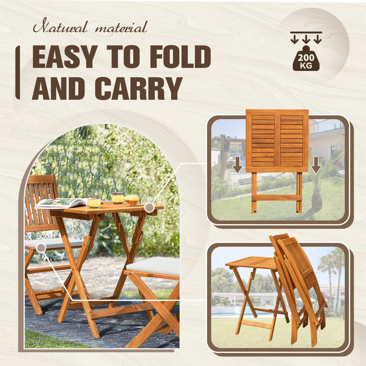 Flamaker 3 Piece Acacia Wood Folding Bistro Set Outdoor (Natural)