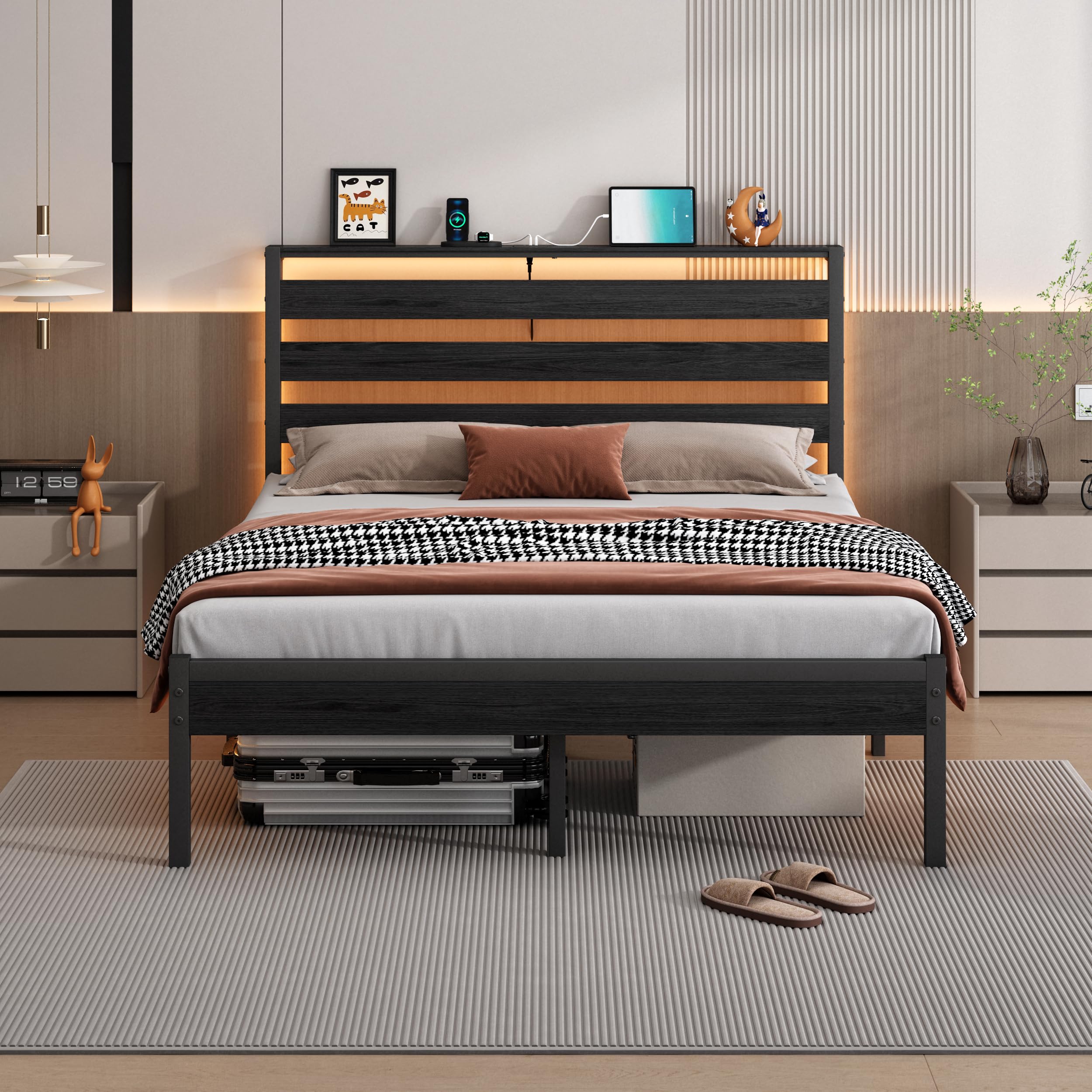 Metal Platform Bed Frame with Headboard, LED Lights & USB Charging