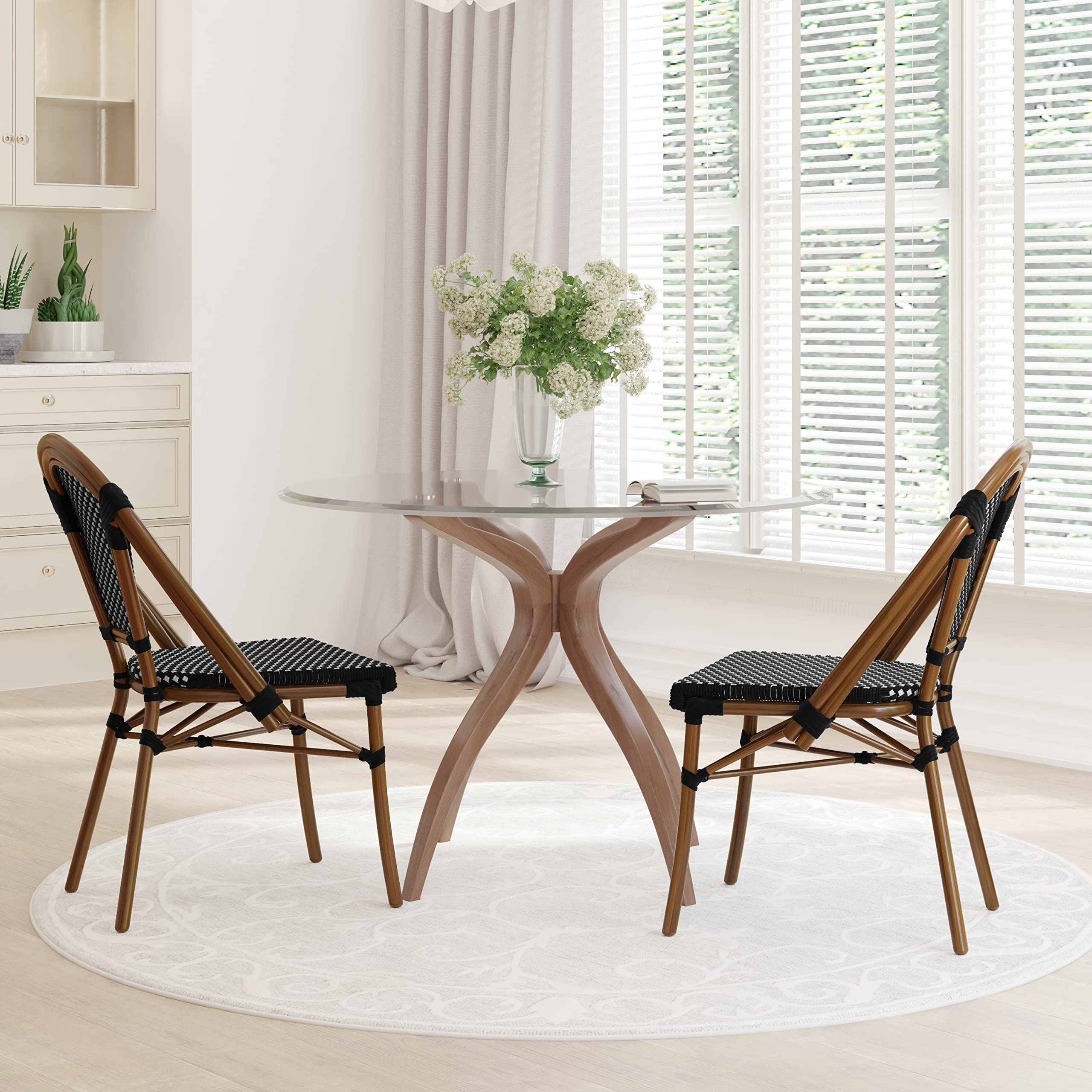 French Bistro Chairs with PE Rattan Seat & Back, Bamboo Finish Frame, Set of 2