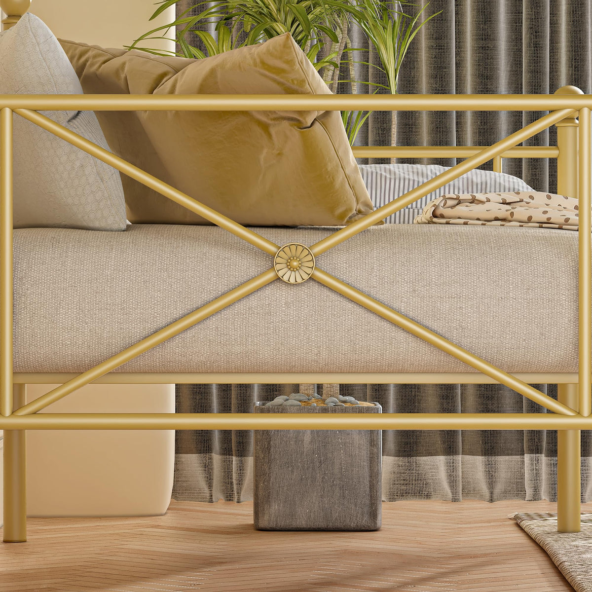 VECELO Daybed Twin Size, Day Bed Frame with Headboard, Heavy-Duty Metal Slats Support Platform for Living Room, Guest Room, Easy Assembly, Gold