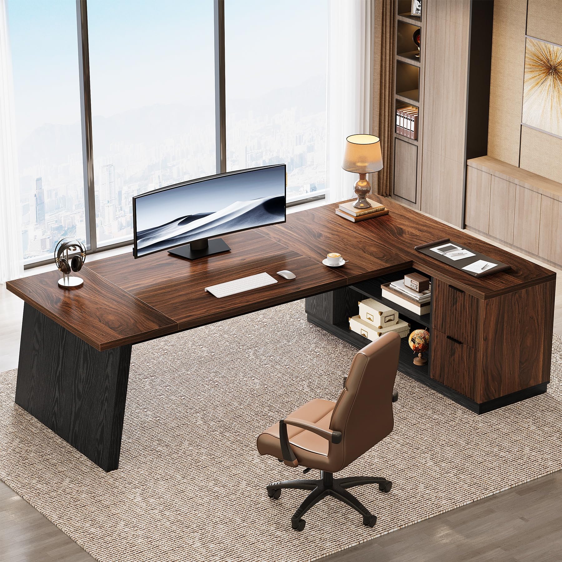Tribesigns 78" L Shaped Executive Desk, Large Office Desk with Drawers and Storage Shelves, Modern Corner Computer Table Business Furniture for Home Office (Walnut & Brown)