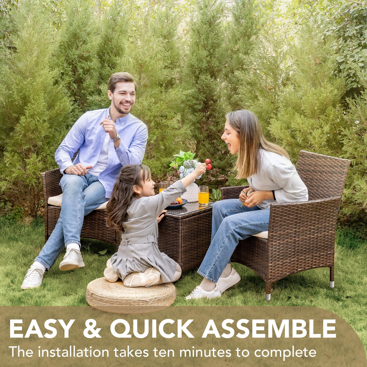 3 Piece Wicker Patio Conversation Set, Brown/Beige