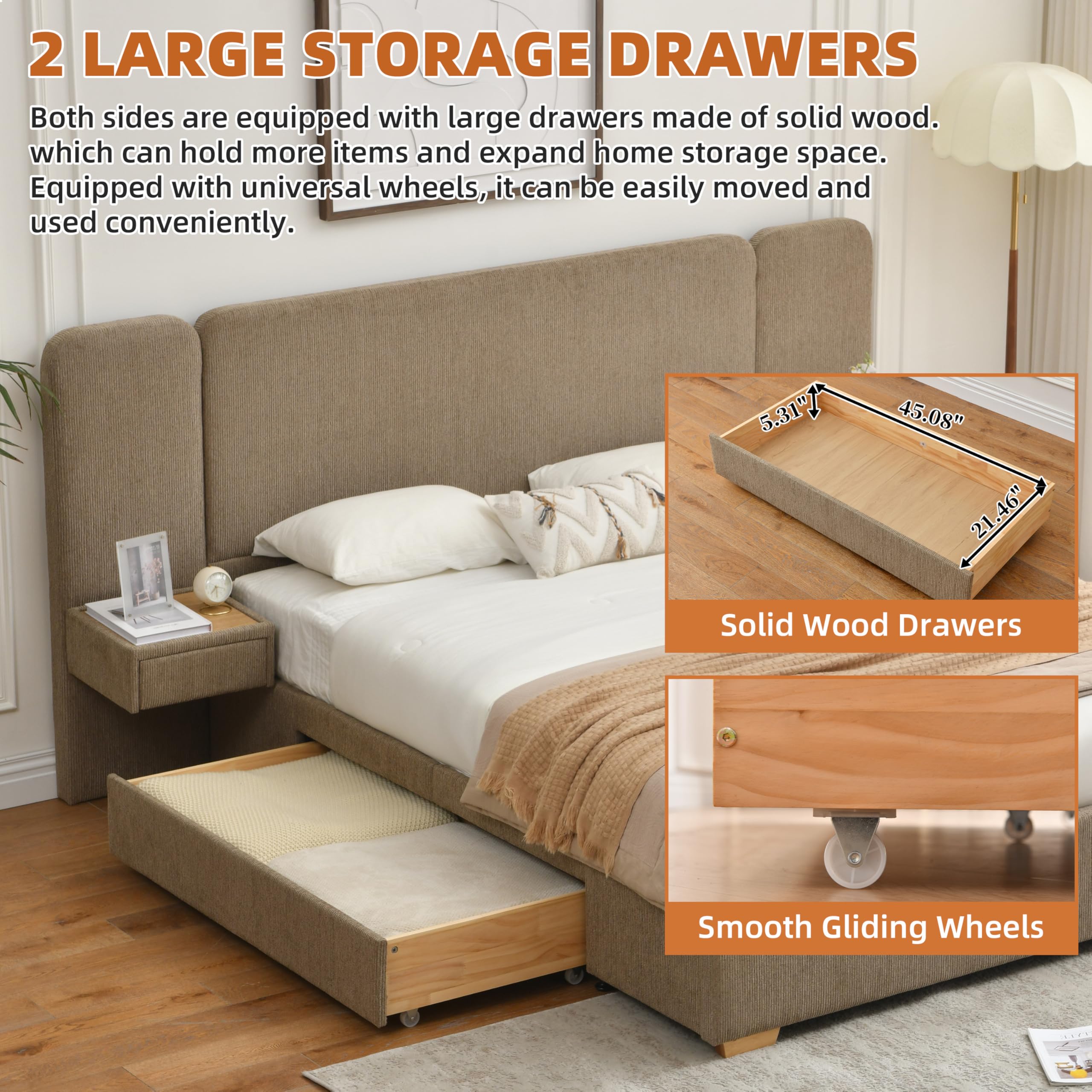 Queen Size Platform Bed Frame with 2 Built-in Nightstands, Wood Bed Frame with 2 Storage Drawers, Luxury Bed Frame with Chenille Upholstered Headboard, Easy Assembly, No Box Spring Needed, Brown