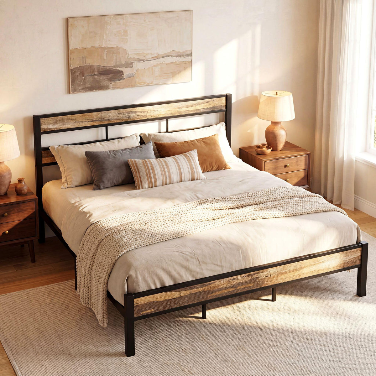 LIKIMIO California King Bed Frame wtih Headboard, Rustic Brown
