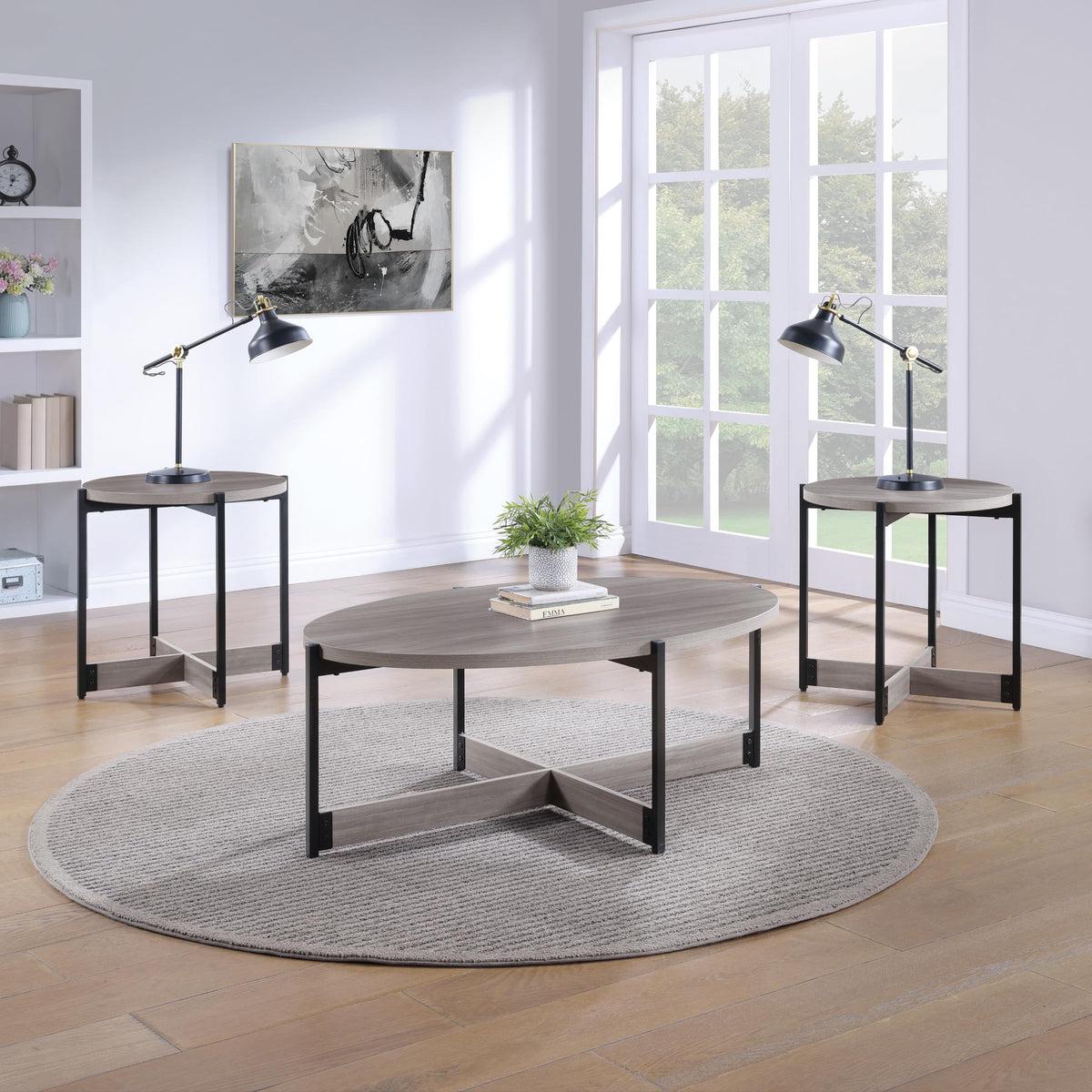 OSP Home Furnishings 3 Piece Occasional Table Set for Livingroom; One Coffee Table and Two Side Tables, Grey Woodgrain Finish with Black Metal