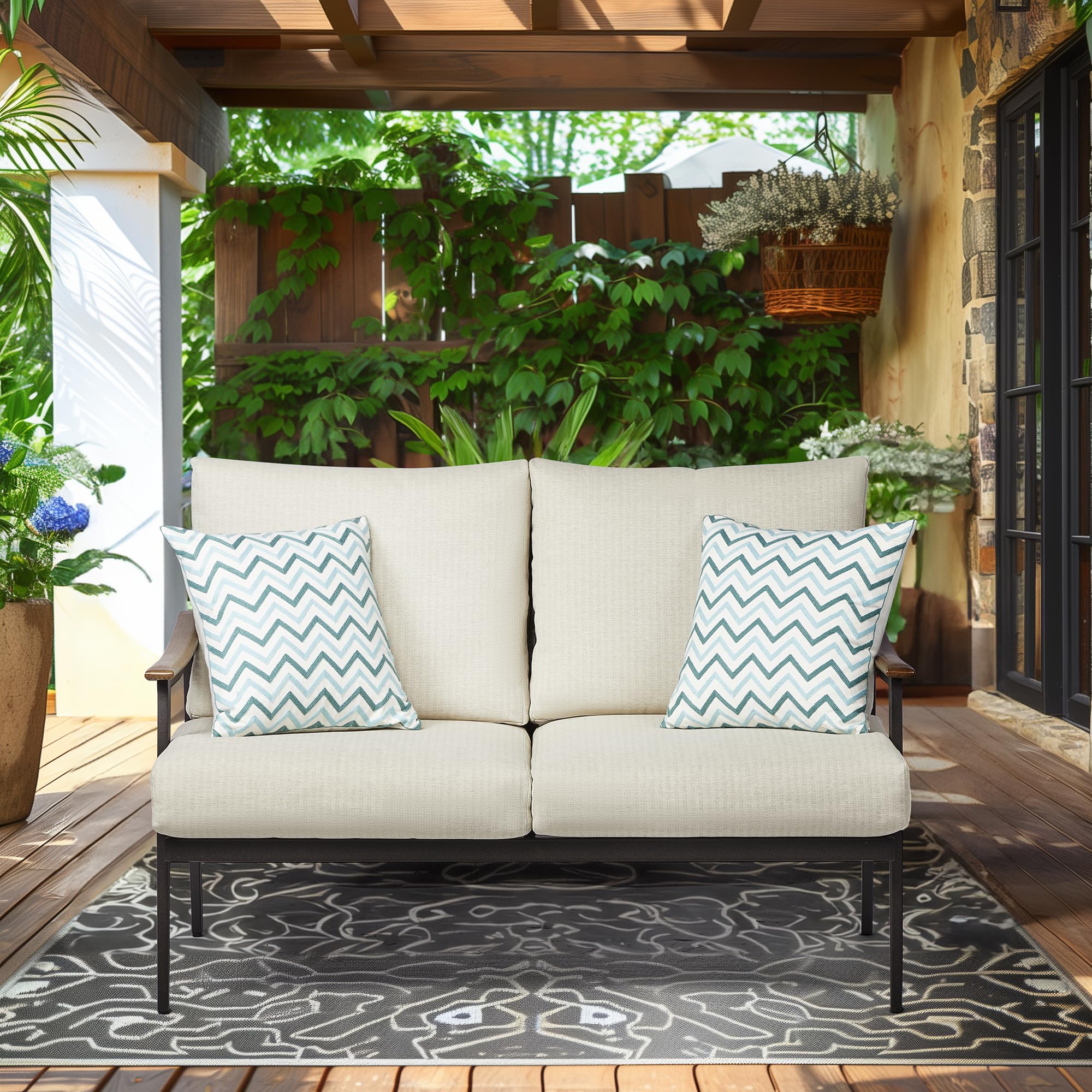 Patio Loveseat Sofa with Wicker Backrest & 6" Cushion