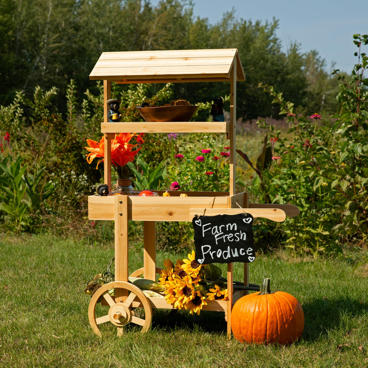 Sunnydaze Flower Cart Display Stand with Wheels, Fir Wood, 49” H, Natural
